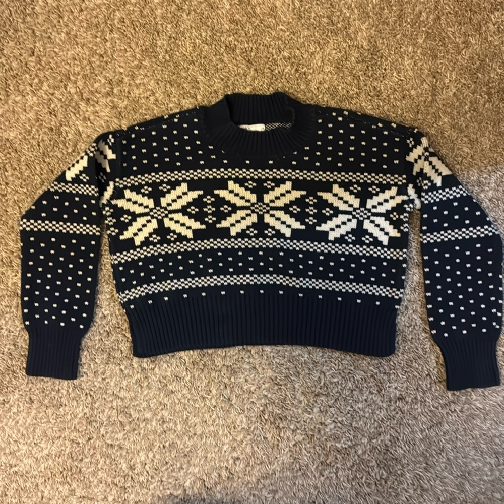 Gap Teen Crewneck Sweater Size 10 Fair Isle Snowflake Nordic Navy Cropped - Good